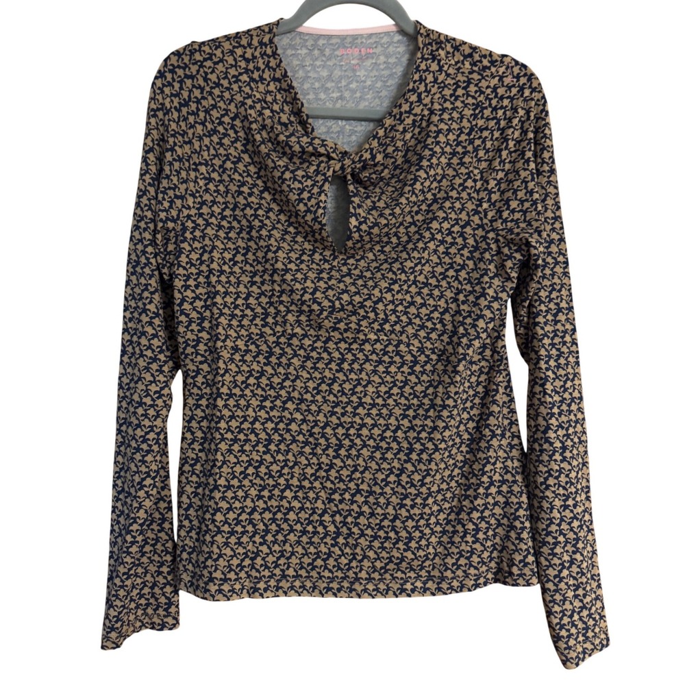 Boden Womens Tan Navy Blue Knot Neck Keyhole Long Sleeve Top T1437 Size 12 NWT